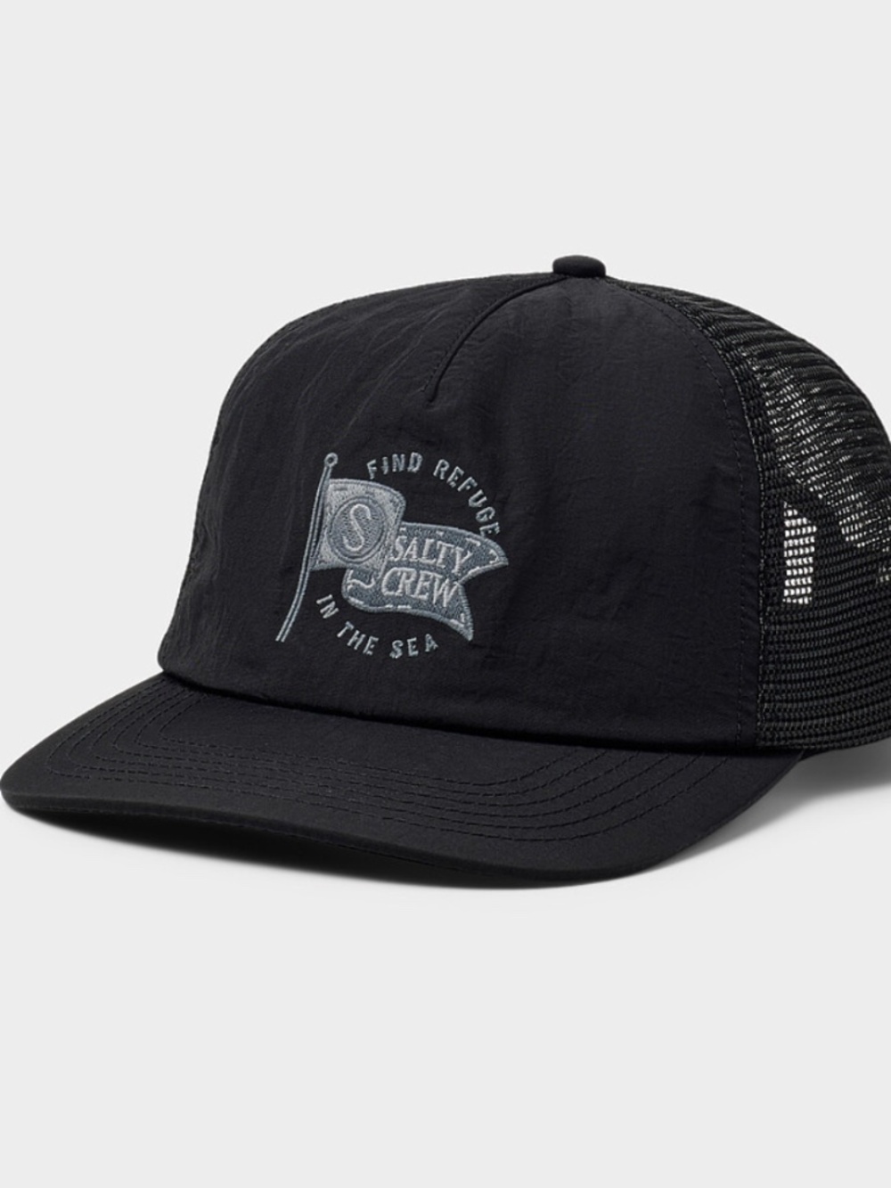 Salty Crew Find Refuge in the Sea flag logo trucker cap hat NWT